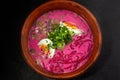 Russian cabbage soup with beetroot.- Borsht with egg and onion. Royalty Free Stock Photo