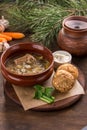 Russian cabbage soup shchi with pork and cabbage in clay pot and bread bun on wooden table Royalty Free Stock Photo