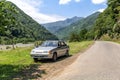 Russian car VAZ on an empty road in mountain Adzharia. Republic of Georgia