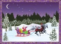 Russian Christmas troika with Santa Claus on the background of the night winter forest.