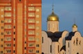 A Russian church and a Soviet block of flats