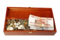 Russian coins and stacks of banknotes in wooden box Royalty Free Stock Photo