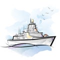 Russian color military warship. Drawing vector illustration