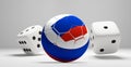 Russian colored soccer football ball and rolling dices white 3d