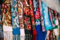 Russian colorfull scarfs and headscarfs. Popular souvenir from R Royalty Free Stock Photo