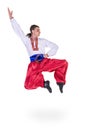 Russian cossack dance. Young dancer jumping