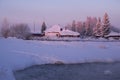 Russian country house izba in Altai village Semiletka on the ban Royalty Free Stock Photo