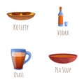 Russian cuisine icons set cartoon vector. Traditional dish and drink