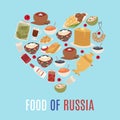 Russian cuisine and national food of Russia in heart shape form vector illustration with caviar, pancakes, borsch soup