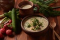 Russian cuisine- Okroshka, Summer light cold yogurt soup with cucumber, radish, eggs and dill with sour cream Royalty Free Stock Photo