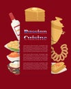 Russian cuisine poster with thin pancake, red caviar, vodka and samovar, meat dumplings cartoon vector illustration.