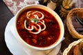 Russian cuisine - solyanka soup with various ingredients