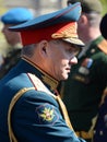 The Russian defense Minister, army General Sergei Shoigu, welcomed the officers after the General rehearsal of military parade of