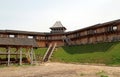 Russian defensive wooden walls of the ancient medieval fortress of Kievan Rus.