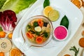 Russian dish aspic with sauce served on the table