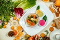 Russian dish aspic with sauce served on the table