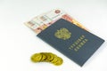 Russian documents. Work book,employment record, a document to record work experience. Russian cash, banknotes 5000 rubles and Royalty Free Stock Photo
