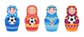 Russian doll and football ball. Matryoshka hold balls, welcome to Russia. Flat soccer game decorative elements vector