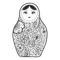 Russian doll matrioshka Babushka sketch smiling face black outline isolated on white background for site, blog, coloring book, fab