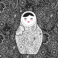 Russian doll matrioshka Babushka smiling face with pink cheeks, sketch flowers and leaves contours on black background. Vector Royalty Free Stock Photo