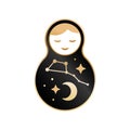 Russian doll matrioshka Babushka smiling Kawaii cute face, Stars, moon, constellation Ursa Major the Great Bear, night sky. Black