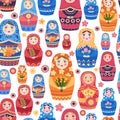 Russian doll pattern. Textile design with authentic russian floral decoration on female toys vector seamless background Royalty Free Stock Photo