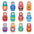 Russian dolls. Authentic traditional toys matryoshka little girls with botanical decoration flowers vector colored