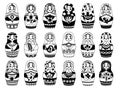 Russian dolls collection. Monochrome traditional female toy floral decoration moscow woman authentic russian faces