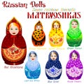 Russian dolls. Seven rainbow thematic Matryoshkas