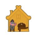Russian family in home. Bear traditional home animal. Wooden hut
