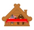 Russian family in home. Bear traditional home animal. Wooden hut