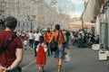 Russian fans walking along the Nikolskaya Street in Moscow