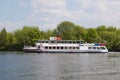 Russian Federation. city of Moscow. river Moscow. May 13. 2018. Cruise river boat make walk passengers along the river on a Sunny