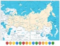 Russian Federation detailed map and colorful map pointers Royalty Free Stock Photo