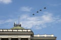 Russian fifth-generation su-57 multi-purpose fighters in the sky over Moscow during the dress rehearsal of the Victory parade Royalty Free Stock Photo