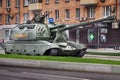 Russian fighting vehicle drives along the city street. Self-propelled gun mount ACS MSTA Royalty Free Stock Photo