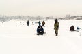 Russian Fishermen Ice Fishing in Winter Royalty Free Stock Photo