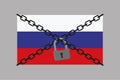 Russian flag in chains and under lock and key. Country isolation, concept banner. Economic sanctions against the aggressor. Ban on Royalty Free Stock Photo