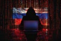 The russian flag is made of binary code, the hacker in front with his laptop is silhouetted