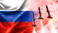 Russian flag with missiles. Russian nuclear missile attack.