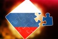 Russian flag from puzzles falling apart. Illustration of regional separatism and the struggle for independence