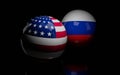 Abstract Russia flag and USA flag on shiny billard balls 3d render illustration