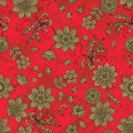 Russian floral ornament. Seamless pattern with gold flowers, leaves, berries on red background. Print for fabric in ethnic style Royalty Free Stock Photo