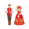 Russian folk costume flat vector illustration. Man and woman wearing traditional clothes cartoon characters. Girl in red