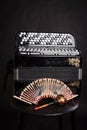 Russian folk musical instruments. Black accordion and rattles