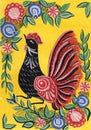 Decorative russian folk ornament pattern cock rooster red blue white flowers green leaves yellow background