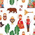 Russian folk seamless pattern vector illustration. Birch tree, Moscow Kremlin, nesting doll, samovar and balalaika