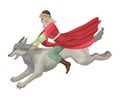 Russian folk tale with man rides wolf. Vector illustration