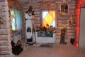 Russian folk tales characters in a Russian hut (Kostroma city)