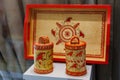 Russian folk traditional creativity Mezenskaya painting on wood. Birch bark container with images of fantastic animals